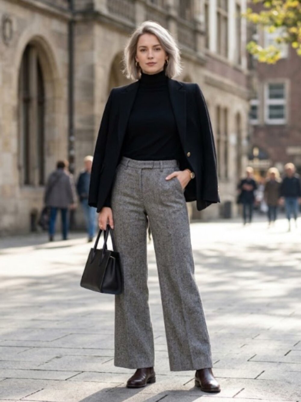 ZERRES Virgin Wool Herringbone Wide Leg Trousers Grey Tweed Quiet Luxury Chic 40